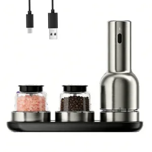 New Stainless Steel Kitchen Adjustable USB Rechargeable Automatic Electric Salt and Pepper Grinder Set with 2 Quick Change Pods