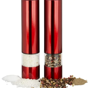 Red Stainless Steel Body Electric Pepper Grinder Battery Operated Adjustable Ceramic Core with Bottom Cover Led for Kitchen Use