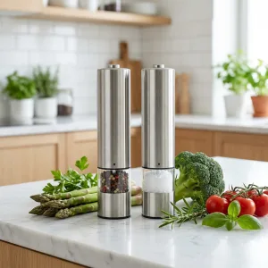 Electric Pepper Salt Grinder Set Stainless Steel One Touch Button Auto Mill Adjustable Coarseness with LED Light for Kitchen Use