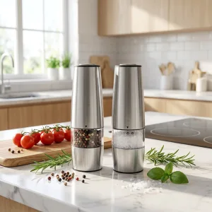 Stainless Steel Electric Pepper Grinder One-Button Auto Salt Mill Adjustable Ceramic Core Transparent Window LED for Kitchen Use