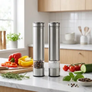 Durable Stainless Steel Body Electric Pepper Mill Featuring Control Battery Operated with Bottom Cover for Kitchen Use