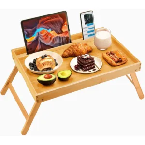 Bamboo Bed Tray Table with Foldable Legs Phone Tablet Holder Breakfast Tray Laptop Desk Sofa Couch Serving Tray for Home Use