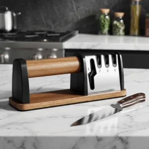 Newest Model Knife Sharpener Wooden 4 Stage Knife Sharpener Manual Knife Sharpener 3 Stage Metal Tool Knife Sharpener with Scissor Slots for Home Use