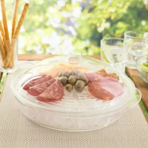 Chilled Appetizer Serving Tray with Dome Lid 4 Section Plastic Ice Base Veggie Fruit Dip Platter Party Buffet BPA-Free Clear