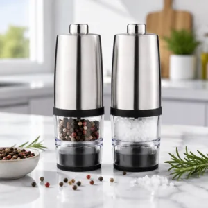 Stainless Steel Electric Salt and Pepper Grinder Set One Touch Button Battery Powered Mill with Clear Window for Kitchen Home
