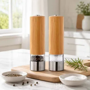 Bamboo Electric Salt and Pepper Grinder Set One Touch Button with LED Light 6 AAA Battery Operated for Kitchen Dining BBQ Use